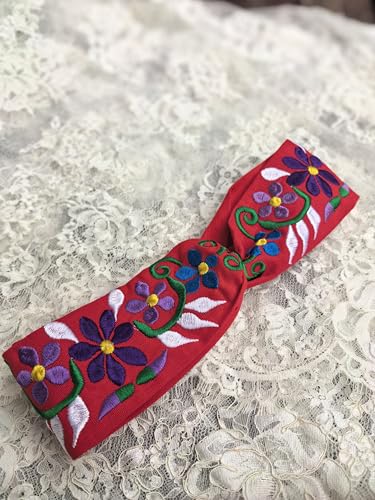 FANFAN Boho Mexican Embroidered Headband - Floral Elastic Hair Band Women Girls Wedding Festival Daily Wear E9 (Red, One Size) - color: Red