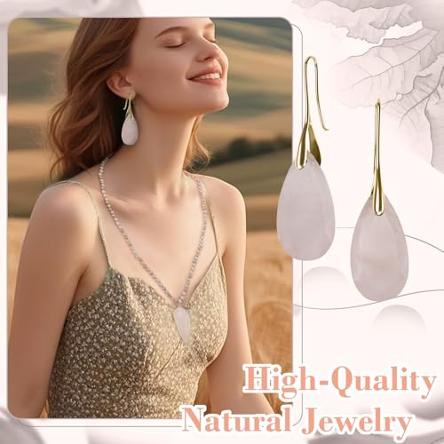 Boho Jewelry Sets for Women | 3 Pcs Natural Amethyst Labradorite Rose Quartz Beaded Long Necklace Wrap Bracelet Dangle Earrings Handmade Vintage - color: Rose Quartz