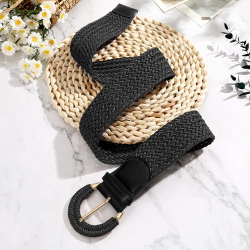 SANSTHS Women Wide Woven Belt for Dresses Fashion Rattan Braided Waist Belt Straw Raffia Boho Belt for Jeans - color: D-black, size: Fits waist size 30"-34"