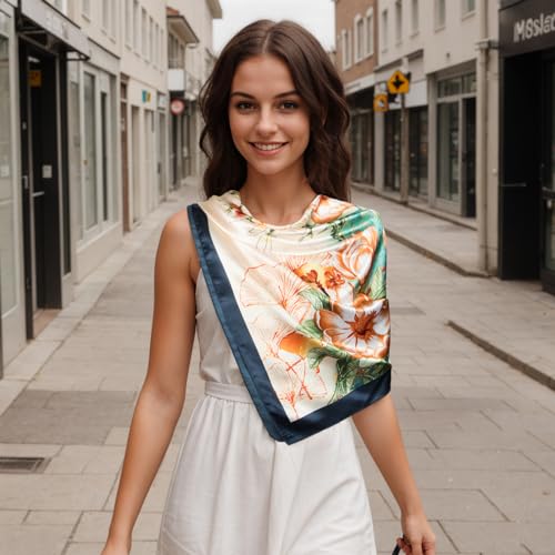 RIIQIICHY Head Scarf for Women Like Silk Scarf Hair Scarf Printed Square Scarf Bandanas for Women 35 Inches - color: Navy/Orange/Yellow/Cream