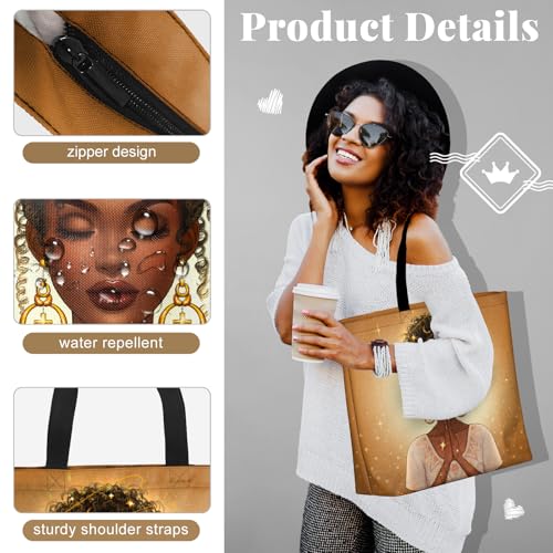 African American Women Tote Bag Black Shoulder Handbag For Women Fit Work Beach Labtops With Zip - color: Black Women 28