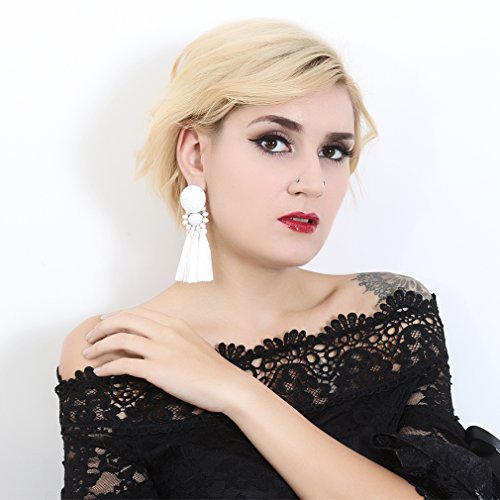 boderier Bohemian Statement Thread Tassel Chandelier Drop Dangle Earrings with Cassandra Button Stud - color: White