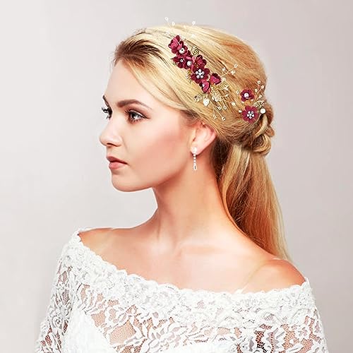 inSowni 20 Pack Classic White Dusty Pink Blue Flower Bridal Wedding Hair Side Combs+U-shaped Flower Hair Pins+Twist Spiral Pearl Hair Pins Pieces Headpieces Accessories for Brides Bridesmaids Women - color: Wine Red