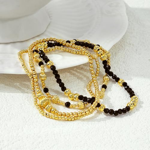 Dainty 14K Gold Lantern Beaded Bracelets Stack for Women,4PCS Colorful Glass Beads Stretch Stackable Bracelets Set Fashion Prom Jewelry Gift Friendship - color: Black