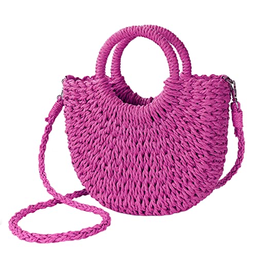 Womens Straw Beach Bag Woven Crossbody Shoulder Bags Top Handle Satchel Handbag Purse for Summer - color: Rose Red