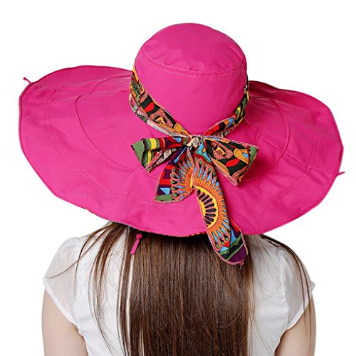 Women's Foldable Floppy Sun Hats Reversible Vacation Beach Cap Summer Wide Brim UPF 50+ Travel Fishing Bucket Hat - color: Rose Red