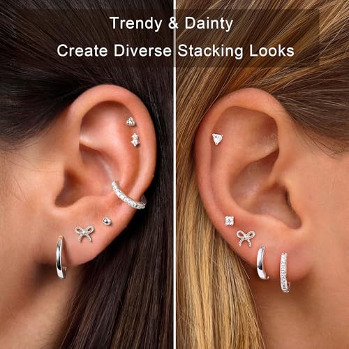 M MOOHAM Hypoallergenic Flat Back Earring Stack for Women Teen Girls, 14K Gold Plated Small Huggie Hoop Earrings Trendy Dainty Gold Cartilage Stud Earring Stacks Set Jewelry Gifts for Women Girls - color: Silver-Plated