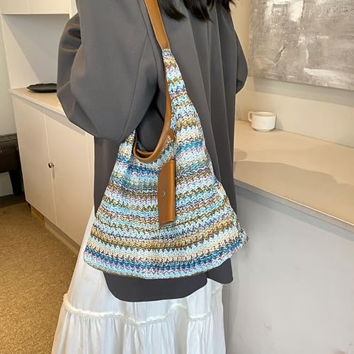 Women's Woven Beach Shoulder Handbag Colorful Straw Tote Bag Summer Vacation Crossbody Bag - color: 3016blue
