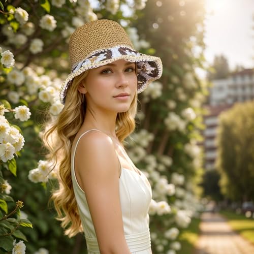 Floppy Big Beach Straw Hats for Women Foldable Summer Wide Brim Packable Sun Hat Womens Travel Straw Fedora Hat - color: Floral-4