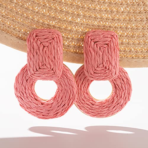 Statement Raffia Earrings Cute Boho Earrings Rattan Dangle Earrings Handmade Straw Wrap Earrings Summer Drop Dangling Earrings for Women Teen Girls - color: Coral