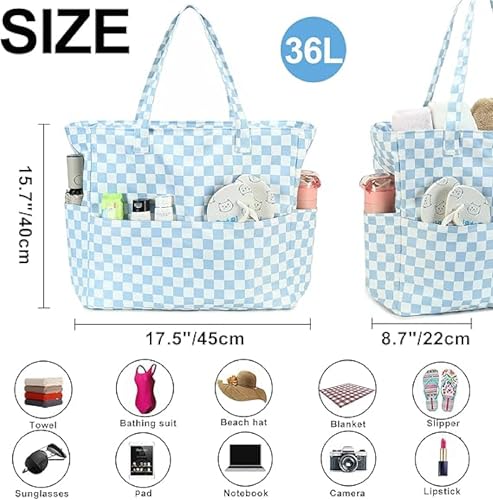 Bluboon Waterproof Beach Tote Pool Bags for Women Ladies Extra Large Carry On Bag With Wet Compartment for Weekender Travel - color: Blue White Checked
