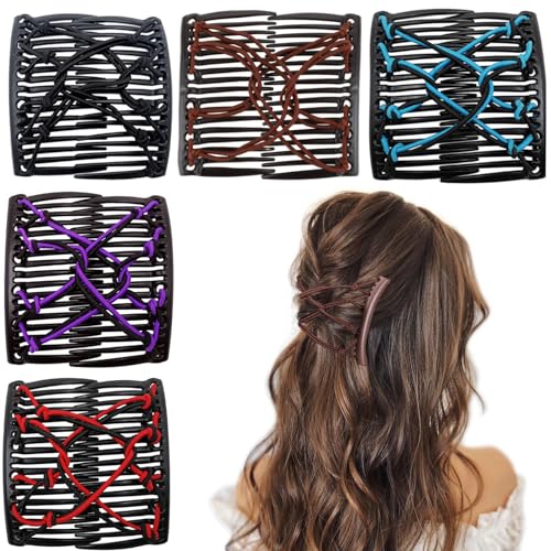 5 Pieces Stretchy Magic Hair Comb Adjustable Elastic Comb Clip for Women Girls No Crease Hair Pins Vintage Bun Maker for Curly Thick Wavy Hair Ponytail - color: Black,Red,Brown,Purple,Blue