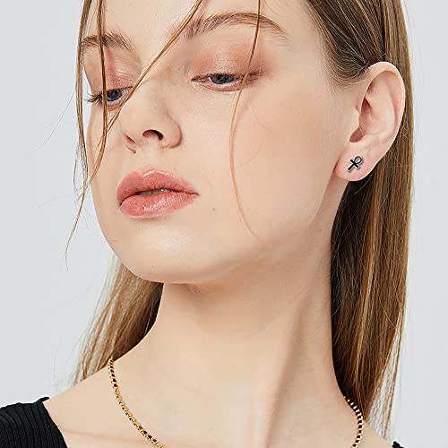 REVEMCN 925 Sterling Silver and Stainless Steel Cross Stud Earrings for Women Men, 3 Pairs - color: Black Ankh Earrings