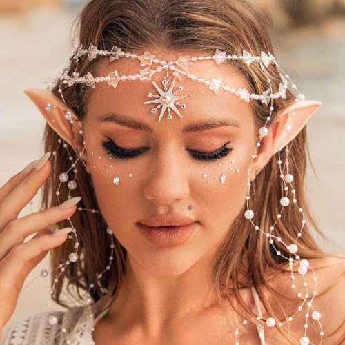 Aukmla Star Boho Head Chain Pearl Tassel Fairy Headpiece for Women | Silver Hair Chains Jewelry Halloween Costume headdress Festival Headband Hair Accessories with Elf Ears