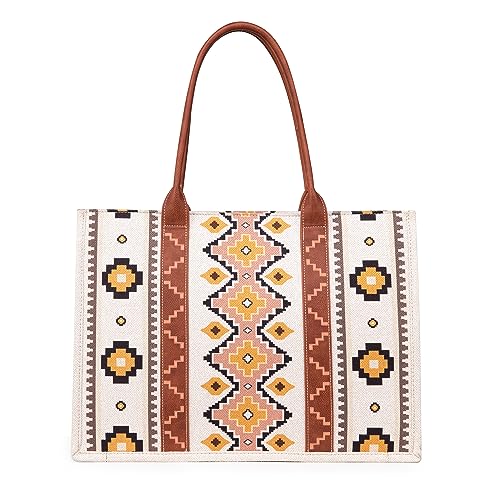 Wrangler Aztec Tote Bag for Women Boho Shoulder Purses and Handbags - color: A Angel White - No Strap