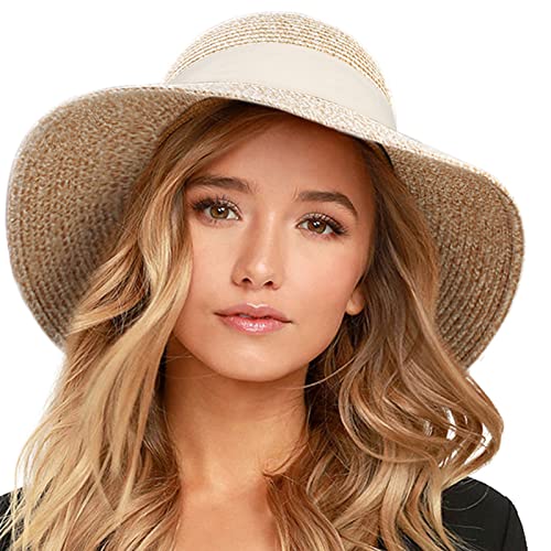 FURTALK Womens Beach Sun Straw Hat UV Protection Travel Packable Foldable Brim Summer UV Hat - color: Mix Beige-beige, size: Medium-Large