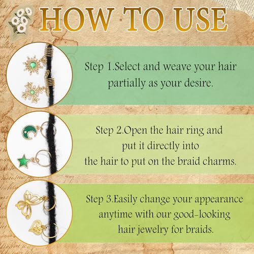 36PCS Hair Jewelry Green Crystal Loc Charms Butterfly Braids Clips Heart Dreadlock Hair Pendant Gold Hair Cuffs Rings Metal Braids Accessories - color: Green