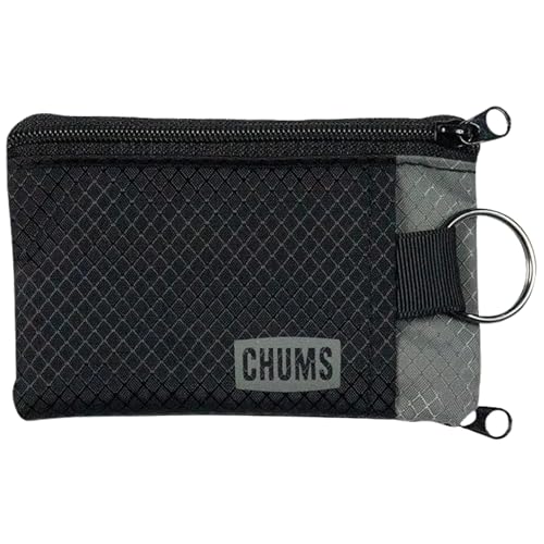 Chums Surfshorts Wallet - Solid Colors Collection, Lightweight Slim Wallet with RFID Blocking Card & Clear ID Window - Zippered Minimalist Wallet w/Key Ring - color: Black/Gray