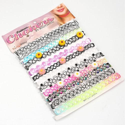 BodyJ4You 12PC Tattoo Choker Necklace for Women - 90s Choker Necklaces Y2K Fashion Trendy Vintage - Emo Black Choker Rainbow Pink White Purple Neon Green Blue Daisy Flower - color: Black, Rainbow, Yellow