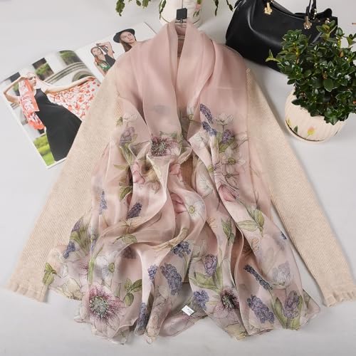 100% Mulberry Silk Women's Neck Silk Scarf-Lightweight Shawl,FLoral Print Beach Silk Wrap-Scarves for Photography - color: Dusty Pink
