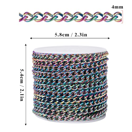 33FT Colorful Stainless Steel Curb Chains Roll, 4mm 304 Stainless Steel Multi Color Flat Twisted Links Curb Chains Bulk Spool for Jewelry Making DIY Craft - color: Colorful, size: 4.0mm width