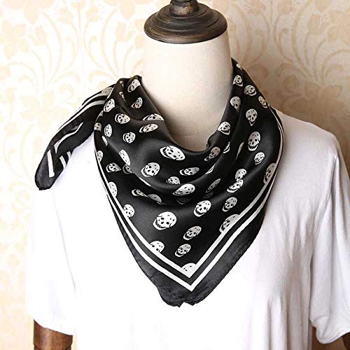 ANDANTINO 100% Mulberry Silk Scarf -21” Square Neckerchief with Gift Packed - color: Black&white Skulls