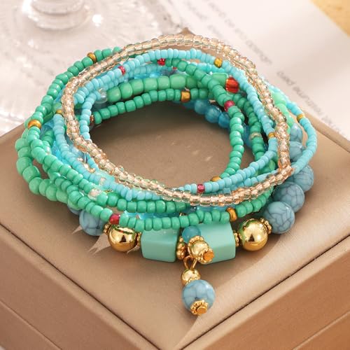 IFKM 8PCS Beaded Bracelets for Women, Multilayered Stackable Strand Stretch Bead Bracelet Pack Handmade Trendy Bohemian Charm Jewelry - color: Blue