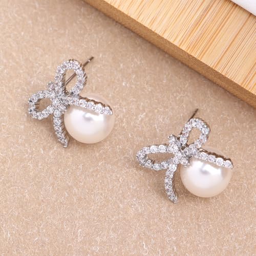 Pearl Earrings for Women, Trendy Dainty Cubic Zirconia Piercing Hypoallergenic CZ Earring Prom Holiday Fashion Jewelry Gift. - color: Silver Pearl