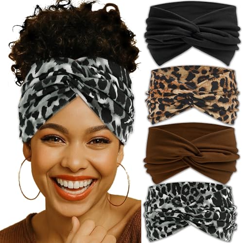 4 Pack Wide Leopard Print Headbands for Women Boho Twist Turban Headband Elastic Non Slip Workout Yoga Cross Hairband African Stretchy Hair Wrap Accessories - color: Leopard Print