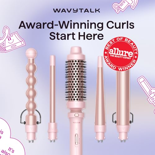 Wavytalk 5 in 1 Curling Iron,Curling Wand Set with Curling Brush and 4 Interchangeable Ceramic Curling Wand(0.5”-1.25”),Instant Heat Up,Include Heat Protective Glove & 2 Clips (Pink) - color: Pink