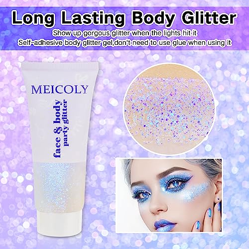 MEICOLY Sparkling Blue Body Glitter,Halloween Face Glitter,Color Changing Glitter Gel for Body,Face,Hair,Lip,Eye,Long Lasting Sequins Glitter Face Paint,Festival Party Glitter Makeup,50ml - color: color changing body glitter gel sparkling blue