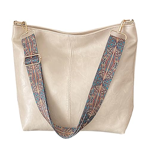 Hobo Bags for Women Crossbody Bag Guitar Strap Purse Vegan Leather Shoulder Handbags Boho Purses Tote Bucket Bag - color: Beige