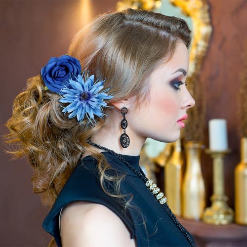 BBTO 21 Pcs Flower Hair Clip Rose Hair Clips Barrettes for Women Flower Accessories Boho Bride Claw Clip Hairpin Brooch Pin Headpiece for Wedding (Blue Series) - color: Blue Series
