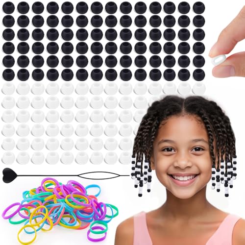 160Pcs 10mm Small Silicone Beads for Hair Braids, Soft Jellyish Pony Hair Beads with 5mm Hole + 50 Rubber Bands and 1 Beader for Braiding, DIY Bracelets Necklaces Crafts (Black White) - color: Black White Mix-160Pcs