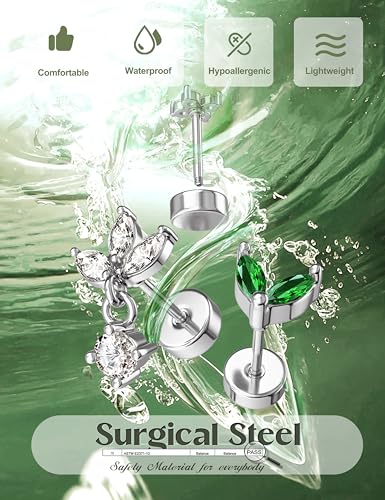 ORAZIO 16 Gauge Cartilage Earrings for Women Flat Back Hypoallergenic Surgical Steel Small Flatback Stud Hoop Cartilage Earring Stack Set Daith Conch Tragus Helix Piercing Jewelry Single PC - color: Silver Plated+Emerald CZ