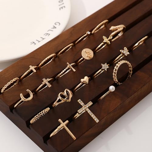 Gold Rings for Women Non Tarnish Stackable Rhinestone Moon Star Rings Dainty Stacking Pearl Butterfly Midi Pinky Thumb Joint Finger Knuckle Ring Set Gold Non Tarnish Jewelry Gifts Trendy Stuff - color: I Gold Stackable Rings 22Pcs