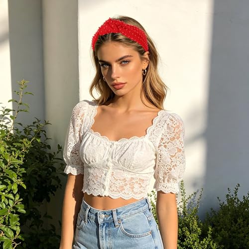 YISSION Red Beaded Knotted Headband, Wide Non-Slip Padded Top Knot Hairband for Women & Girls, 4th of July Independence Day Party Hair Accessories - color: Red