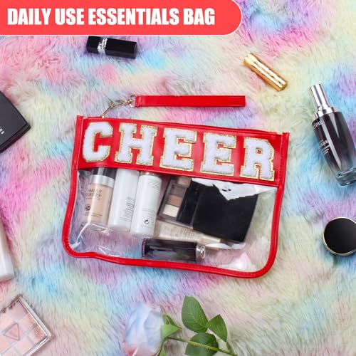BuyCard Cheer Chenille Letter Bags Clear Makeup Bag, Cheerleader Gifts Cosmetic Bag, Varsity Preppy Patch Flat Pouch Cheer Accessories, Waterproof PVC Organizer Toiletry Bag for Women Girls Red - color: Red-Cheer