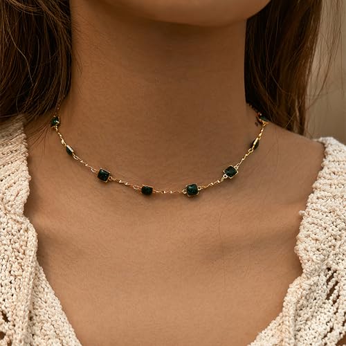 Beaded Choker Necklaces for Women 18k Gold Plated Dainty Gold Choker Necklaces for Women - style: emerald square choker