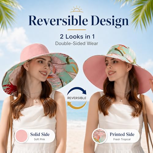 HUAMULAN Women Summer Sun Hat Wide Brim Wired Edge Floral Beach Bucket Hats Reversible Foldable Travel UV Protection Lady Hat - color: Bg8240-pink