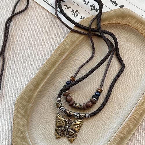 Boho Braided Rope Necklace for Women Vintage Butterfly Feather Adjustable Wooden Beads Layered Necklace Bohemian Wolf Tooth Totem Tribal Ethnic Style Jewelry - style: Butterfly