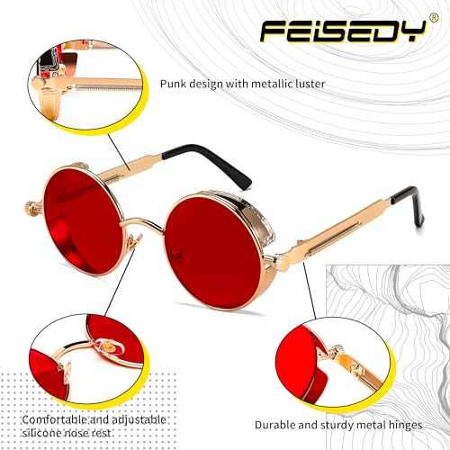 FEISEDY Retro Gothic Steampunk Sunglasses Round Metal Frame Punk Circle Inspired Shade Men B1857 - color: Gold/Red