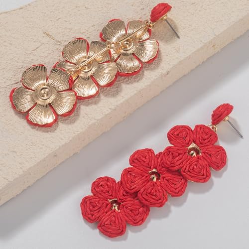 Boho Flower Earrings Statement Raffia Dangle Earrings Cute Floral Jewelry Trendy Summer Beach Vacation Outfits for Women - color: Red-2