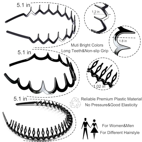 6 PCS Zig Zag Headbands Plastic Wavy Hair Head Band Comb with Teeth Hoop Accessories for Women Men Girls, Versatile Bright Black - color: Versatile Bright Black