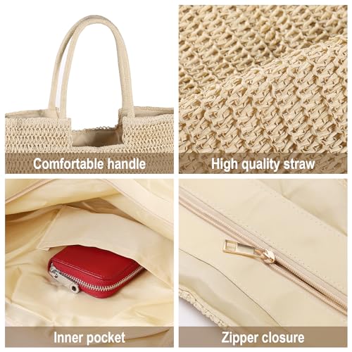WantGor Straw Beach Bags, Women Summer Woven Tote Bag Large Boho Shoulder Handbags Casual Travel Beach Bag Foldable Hobo Bags - color: Beige
