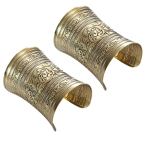 SONNYX 2 PCS Cuff Bracelets for Women Vintage Ethnic Wide Open Chunky Gold Silver Wrist Cuff Warp Bracelets for Cosplay or Belly Dance - color: GOLD 1