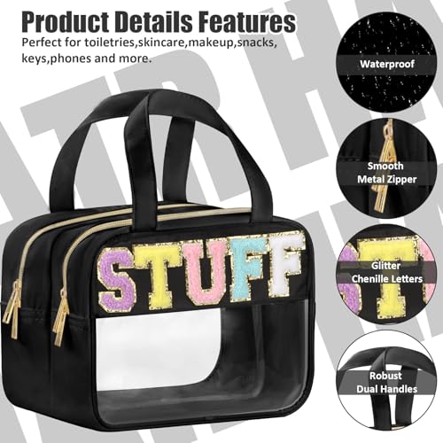 Chenille Letter Clear Makeup Bags, Stuff Bag for Travel, Preppy Patch Nylon Cosmetic Bag with Handles and Zipper, Waterproof Large Clear Travel Toiletry Bag Storage Bag for Women Black - color: Black-Stuff