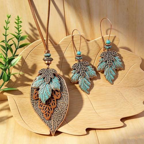 Wooden Leather Necklaces Set Bohemian Wood Stack Discs Long Chain Hemp Rope Bronze Plated Pendant Ethnic Tribal Fall Leaf Earrings Jewelry Statement Necklace - color: R-029