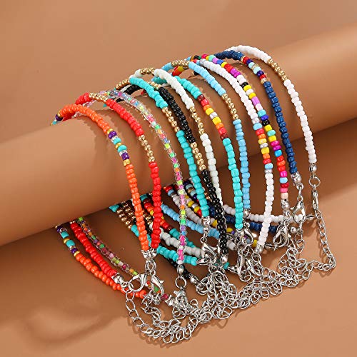 XIJIN 8Pcs Handmade Beaded Anklets for Women Boho Colorful Beads Ankle Bracelets Adjustable Foot Anklet Set - color: C
