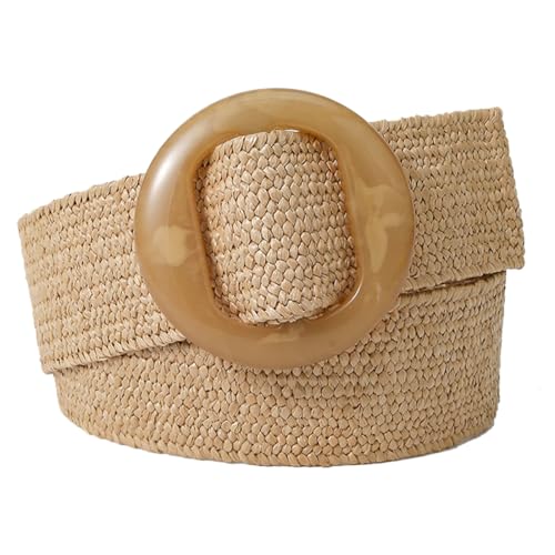 beltox fine Women PP Straw Braided Elastic Belt Solid Color with Round Buckle - color: Brown, size: XS-XL(28-40 inch stretch range)